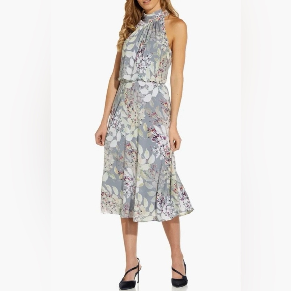 Adriana Papell Watercolor Floral Halter Neck Midi Dress